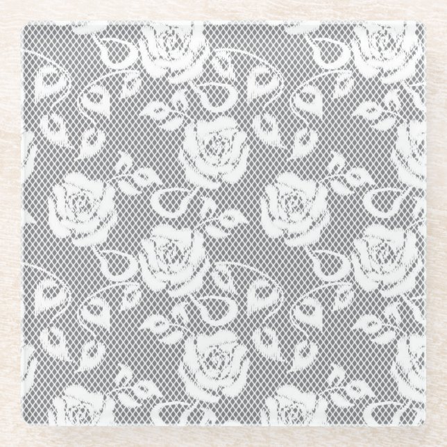 Dessous-de-verre En Verre Motif blanc de dentelle sur l'arrière - plan gris (Devant)