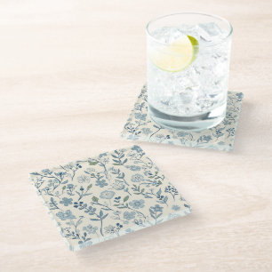 Dessous-de-verre En Verre Motif botanique de prairie de fleurs sauvages bleu