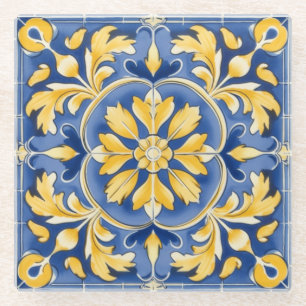 Dessous-de-verre En Verre Motif botanique méditerranéen - Bleu et Jaune