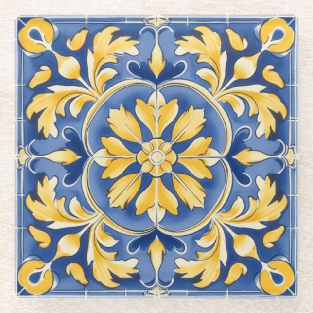 Dessous-de-verre En Verre Motif botanique méditerranéen - Bleu et Jaune (Devant)