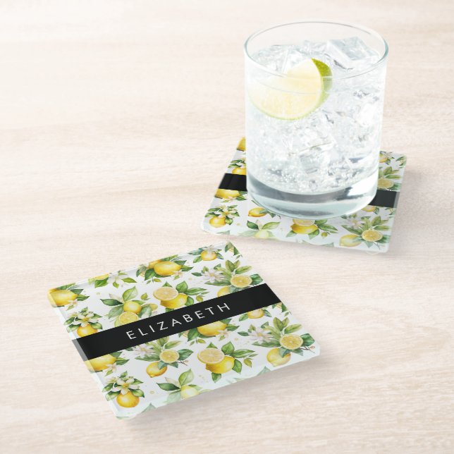 Dessous-de-verre En Verre Motif citron, Fleurs de citron, Feuilles, Votre No (Incliné)