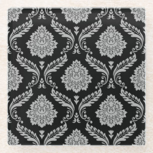 Dessous-de-verre En Verre Motif Damassé Rococo Gris sur Fond Noir