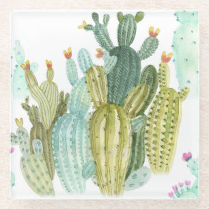 Dessous-de-verre En Verre Motif d'aquarelle vintage Cactus Blooming