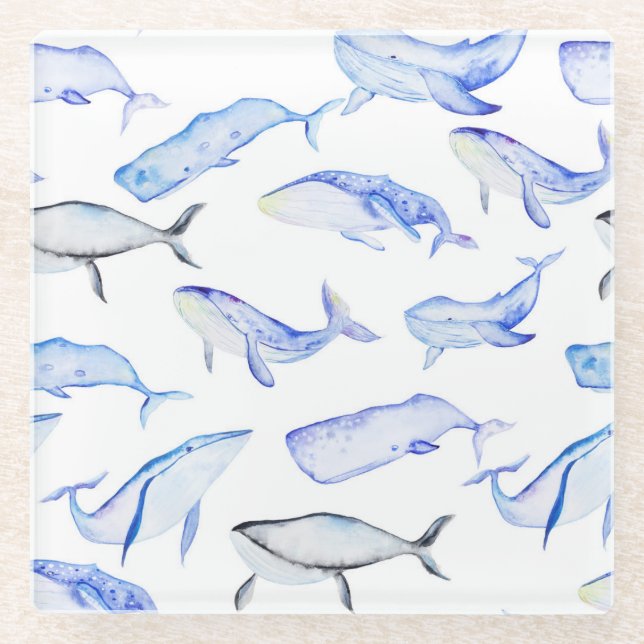 Dessous-de-verre En Verre Motif de baleine bleue d'aquarelle (Devant)