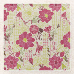 Dessous-de-verre En Verre Motif de croquis Retro Floral and Birds