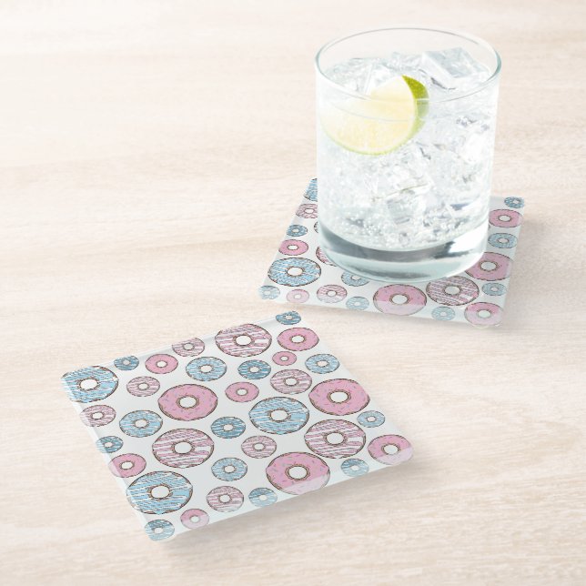 Dessous-de-verre En Verre Motif De Donuts, Donuts Roses, Donuts Bleus (Incliné)