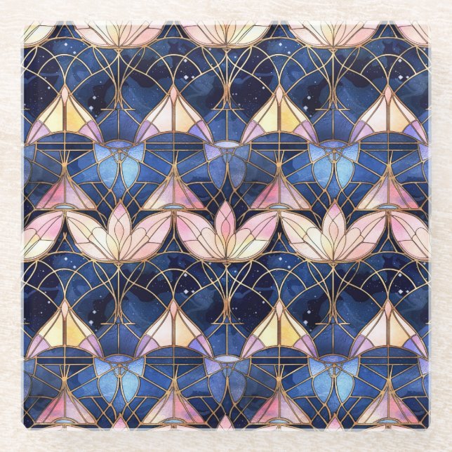 Dessous-de-verre En Verre Motif de faux vitrail élégant de lotus rose (Devant)