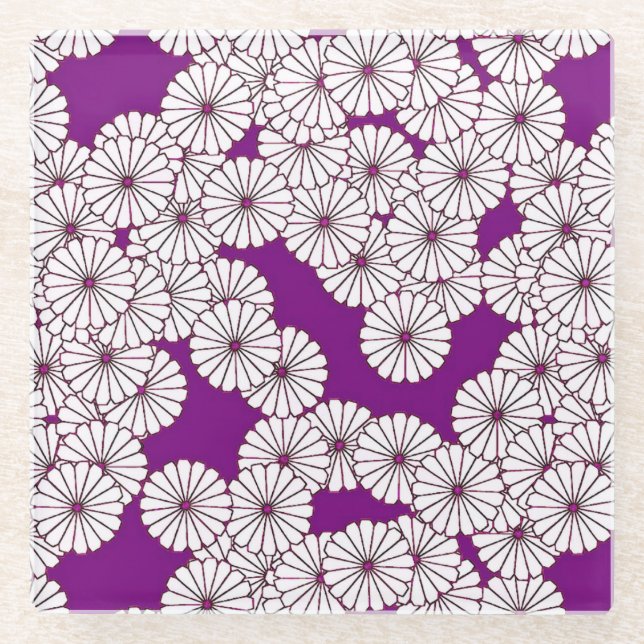 Dessous-de-verre En Verre Motif de fleurs Art Déco - blanc sur violet (Devant)