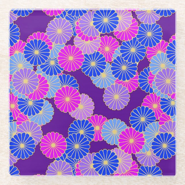 Dessous-de-verre En Verre Motif de fleurs Art Déco - violet, bleu et violet (Devant)
