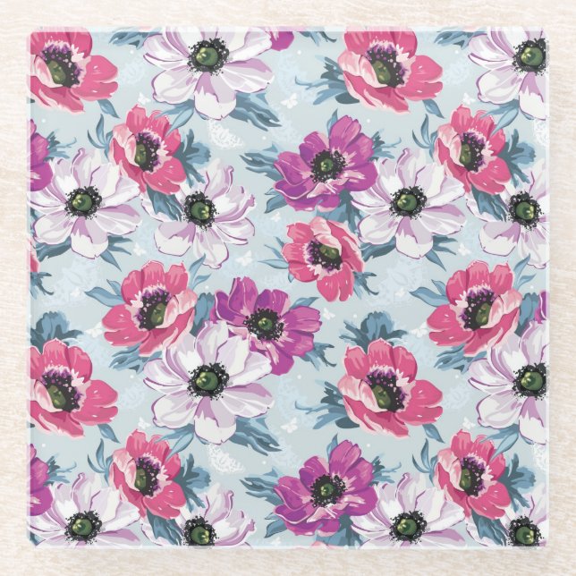 Dessous-de-verre En Verre Motif de fleurs de couleur d'élégance sur le bleu (Devant)