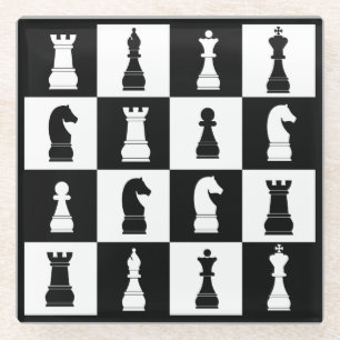 Dessous-de-verre En Verre Motif de jeu d'échecs décoratif noir et blanc