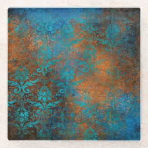 Dessous-de-verre En Verre Motif de luxe décoratif floral marron bleu Grunge