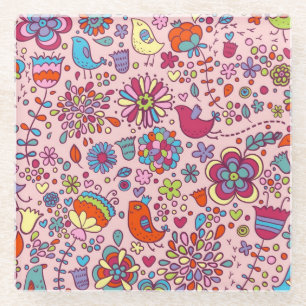 Dessous-de-verre En Verre Motif de ressort avec les fleurs colorées