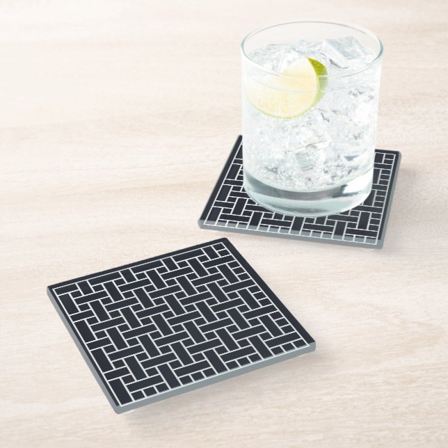 Dessous-de-verre En Verre Motif de tissage de la Marine Orientale Bleu Blanc (Incliné)