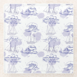 Dessous-de-verre En Verre Motif de vagues et de bateaux d'aquarelle
