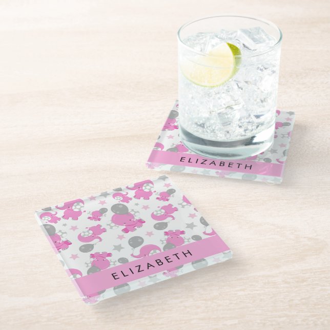 Dessous-de-verre En Verre Motif Des Eléphants Roses, Étoiles, Votre Nom (Incliné)