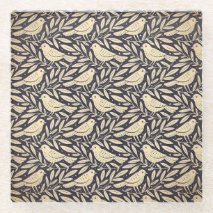 Dessous-de-verre En Verre Motif d'oiseau beige vintage sur fond sombre
