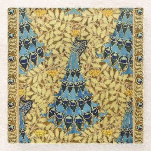 Dessous-de-verre En Verre Motif floral au paon bleu Art nouveau vintage