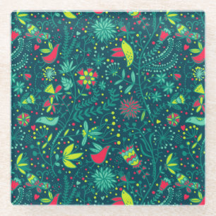 Dessous-de-verre En Verre Motif floral avec des oiseaux de bande dessinée