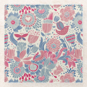 Dessous-de-verre En Verre Motif floral avec l'oiseau et le papillon