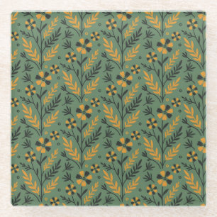 Dessous-de-verre En Verre Motif floral botanique stylisé orange et noir