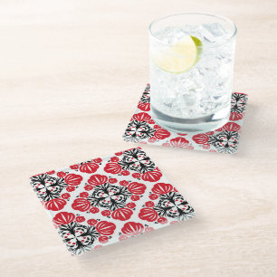 Dessous-de-verre En Verre Motif floral carrelé. Art populaire en fleurs. 