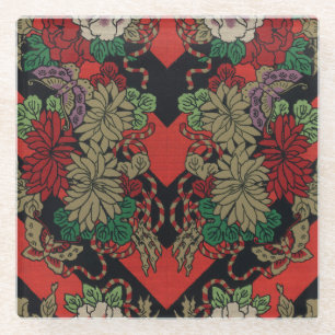 Dessous-de-verre En Verre Motif floral japonais vintage pivoine rouge noir