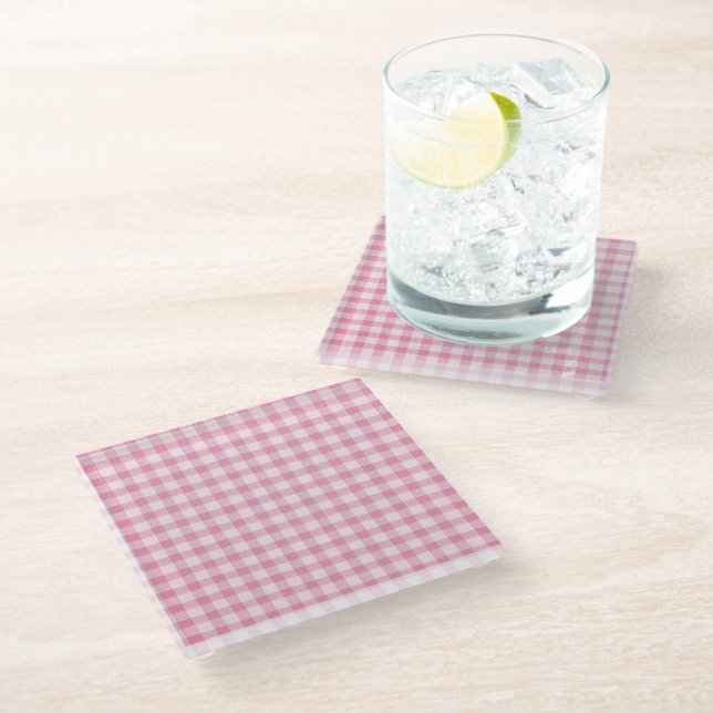 Dessous-de-verre En Verre Motif Gingham Rose Bébé (Incliné)