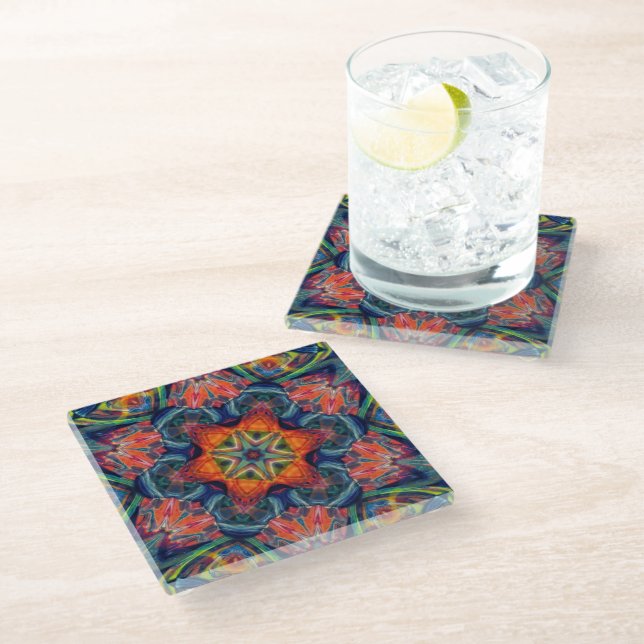 Dessous-de-verre En Verre Motif Kaleidoscope couleur psychédélique (Incliné)
