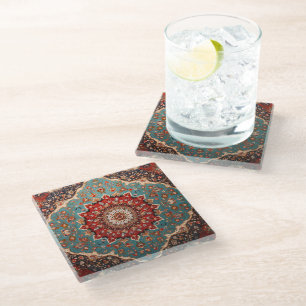 Dessous-de-verre En Verre Motif persan rétro oriental rouge crème bleu