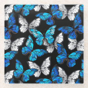Dessous-de-verre En Verre Motif sans couleur foncée avec papillons bleus Mor