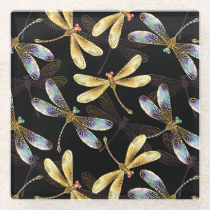 Dessous-de-verre En Verre Motif sans couture avec libellules d'or