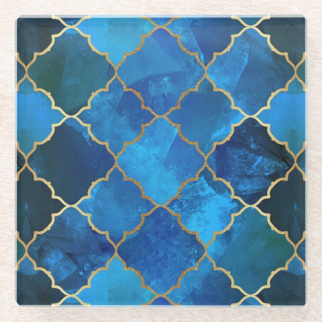 Dessous-de-verre En Verre Motif Sapphire Gemstone & Gold Marocain Carrelage (Devant)