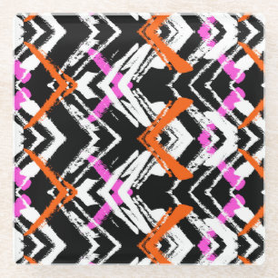 Dessous-de-verre En Verre Motif tiré par la main noir, orange, et rose de