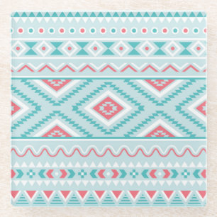 Dessous-de-verre En Verre Motif tribal aztèque turquoise et rose