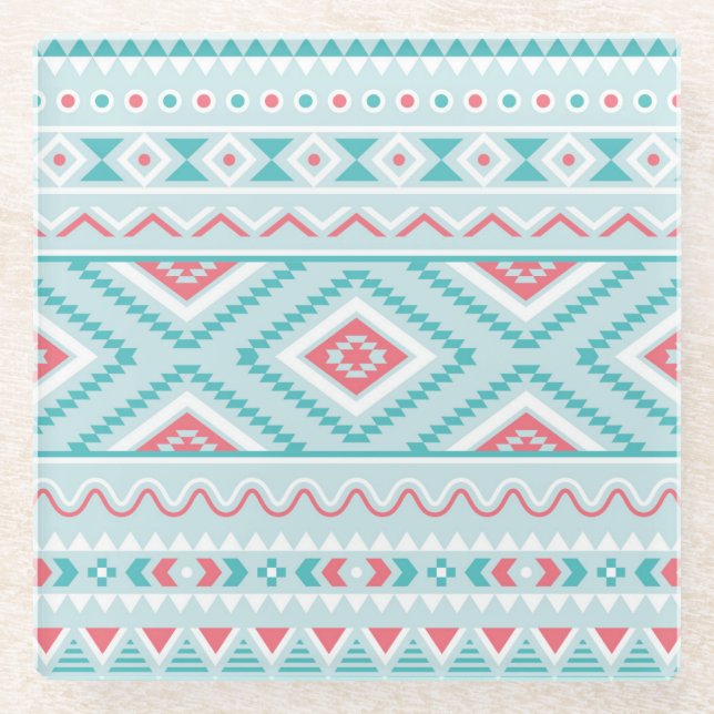Dessous-de-verre En Verre Motif tribal aztèque turquoise et rose (Devant)