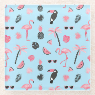 Dessous-de-verre En Verre Motif tropical d'été rose et bleu