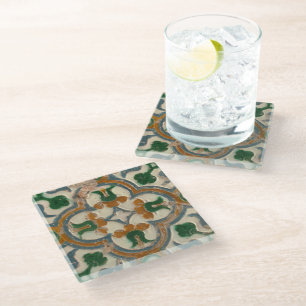 Dessous-de-verre En Verre Moutarde verte florale espagnole Azulejos géométri