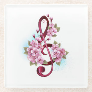 Dessous-de-verre En Verre Musical treble clef notes with sakura flowers