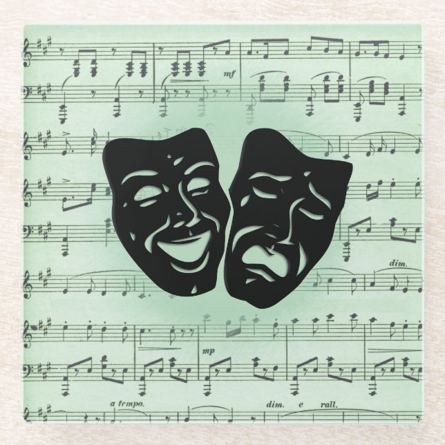 Dessous-de-verre En Verre Musique verte et masques grecs de théâtre (Devant)