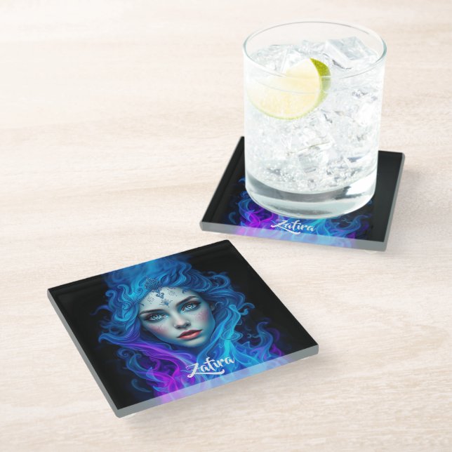 Dessous-de-verre En Verre Mystery Woman Emerging from Blue & Purple Flames (Incliné)