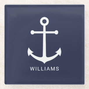 Dessous-de-verre En Verre Nautical White Anchor and Custom Nom on Navy Blue