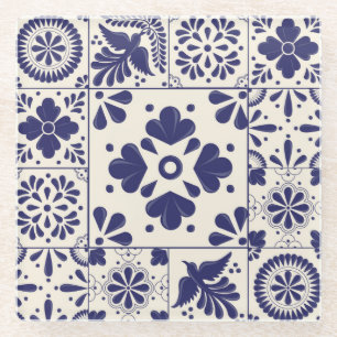 Dessous-de-verre En Verre Nile Blue Mexicain Traditionnel Floral Talavera