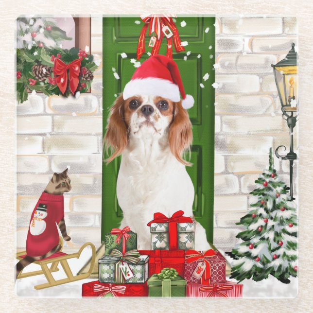 Dessous-de-verre En Verre Noël du chien Cavalier King (Devant)