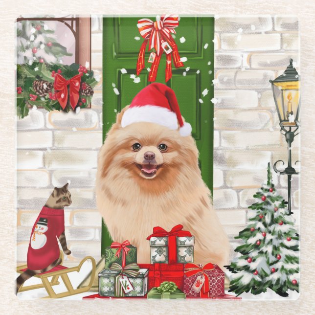 Dessous-de-verre En Verre Noël du chien de Poméranie (Devant)