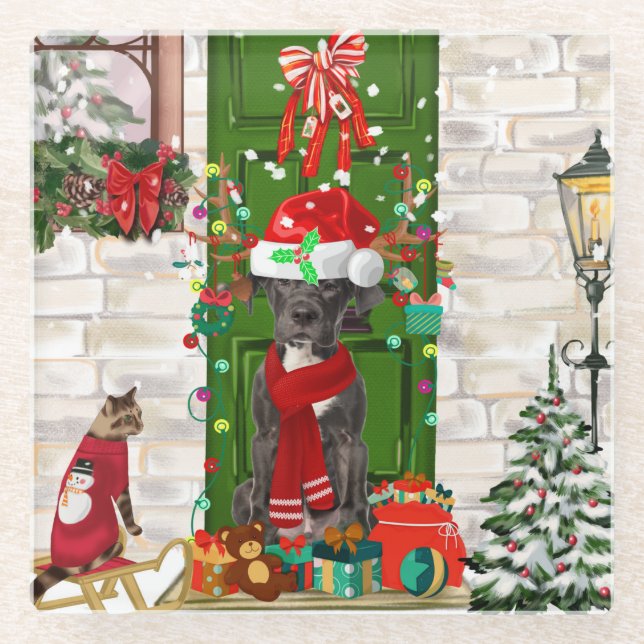 Dessous-de-verre En Verre Noël du grand chien Danois (Devant)