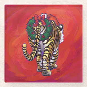 Dessous-de-verre En Verre Noël du tigre en rouge
