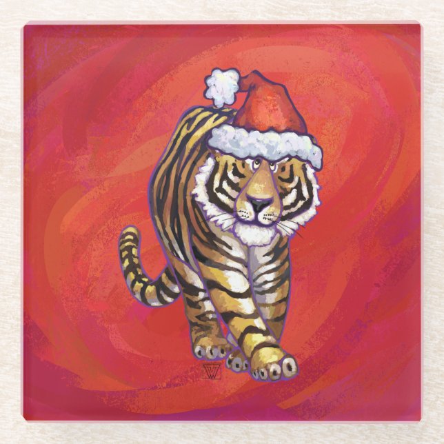 Dessous-de-verre En Verre Noël du tigre en rouge (Devant)