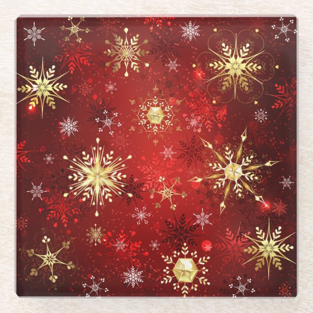 Dessous-de-verre En Verre Noël Golden Snowflakes sur Arrière - plan rouge (Devant)