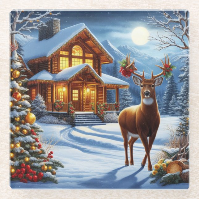 Dessous-de-verre En Verre Noël/Hiver Deer Lodge (Devant)